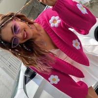 Floral Crochet Knit Lantern Sleeve Cardigan  - Thumbnail 1