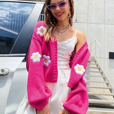 Floral crochet knit lantern sleeve cardigan 