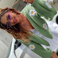 Floral Crochet Knit Lantern Sleeve Cardigan  - Thumbnail 8