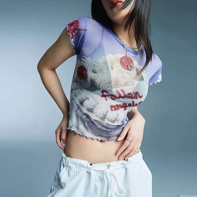 Angel Cake Print Ruffle Short Sleeve Shirt 