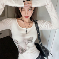 Butterfly Print Off Shoulder Long Sleeve Shirt  - Thumbnail 1