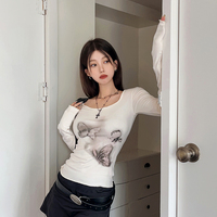 Butterfly Print Off Shoulder Long Sleeve Shirt  - Thumbnail 2