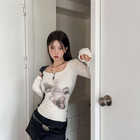 Butterfly Print Off Shoulder Long Sleeve Shirt  - Thumbnail 4