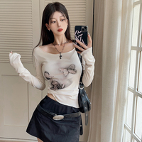Butterfly Print Off Shoulder Long Sleeve Shirt  - Thumbnail 7