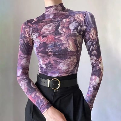 Purple victorian print mesh long sleeve shirt  - Thumbnail 3