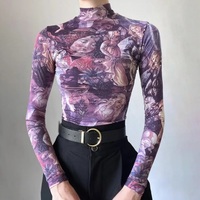Purple Victorian Print Mesh Long Sleeve Shirt  - Thumbnail 1