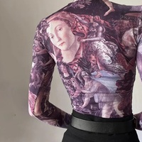 Purple Victorian Print Mesh Long Sleeve Shirt  - Thumbnail 3