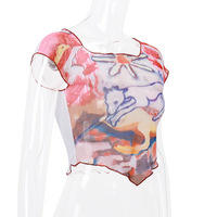 Abstract Print Mesh Sheer Crop Top  - Thumbnail 5