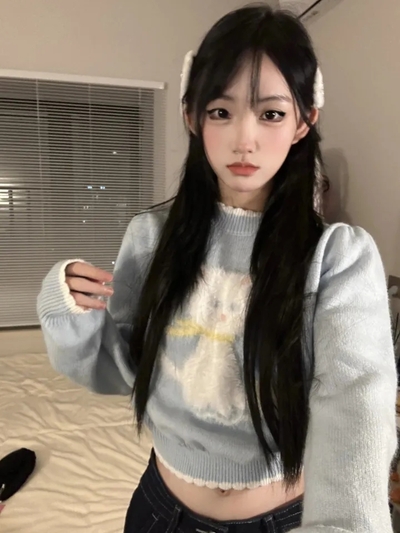 Kitten Print Cropped Sweater 