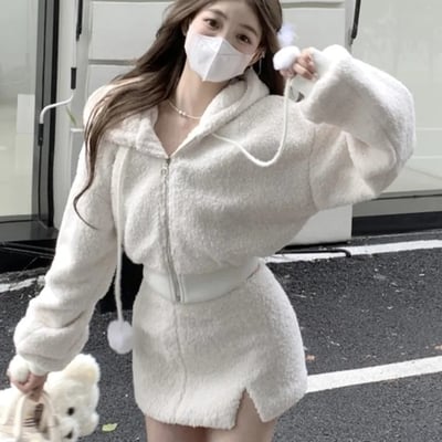 2pcs white soft zipper hoodie + split mini skirt 