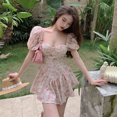 Floral Square Neck Puff Sleeve Dress 