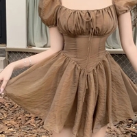 Brown Squares Neck Puff Sleeve Dress  - Thumbnail 2