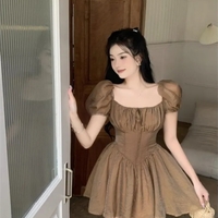 Brown Squares Neck Puff Sleeve Dress  - Thumbnail 1