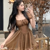 Brown Squares Neck Puff Sleeve Dress  - Thumbnail 3