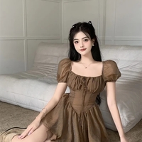 Brown Squares Neck Puff Sleeve Dress  - Thumbnail 5