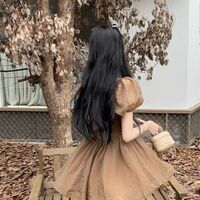 Brown Squares Neck Puff Sleeve Dress  - Thumbnail 6