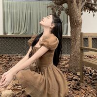 Brown Squares Neck Puff Sleeve Dress  - Thumbnail 7