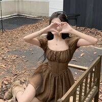 Brown Squares Neck Puff Sleeve Dress  - Thumbnail 8