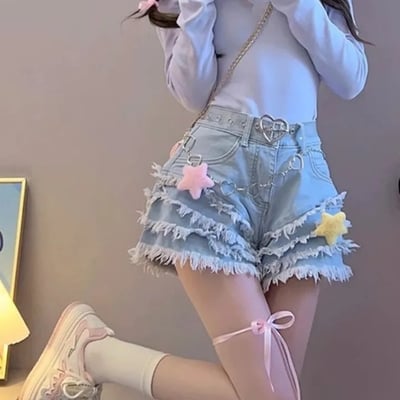 Blue denim ruffle star high waist shorts 