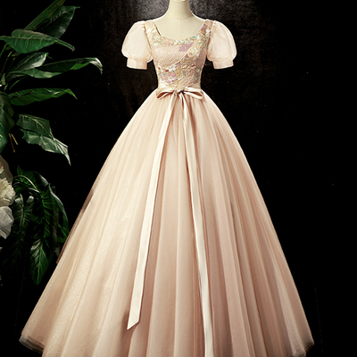 Lovely tulle sequins long prom dress, a-line short sleeve evening dress - Thumbnail 1