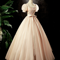 Lovely Tulle Sequins Long Prom Dress, A-Line Short Sleeve Evening Dress - Thumbnail 3