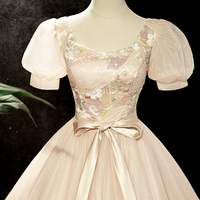 Lovely Tulle Sequins Long Prom Dress, A-Line Short Sleeve Evening Dress - Thumbnail 1