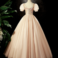 Lovely Tulle Sequins Long Prom Dress, A-Line Short Sleeve Evening Dress - Thumbnail 4