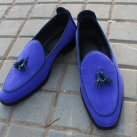 Blue Suede Leather Tassel Men Loafers Dress Shoes - Thumbnail 1