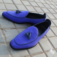 Blue Suede Leather Tassel Men Loafers Dress Shoes - Thumbnail 2
