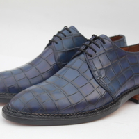 Blue Emboss Crocodile Texture Leather Double Norwegian Hand Sewn Alligator Oxford Dress Shoes - Thumbnail 2