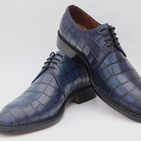 Blue Emboss Crocodile Texture Leather Double Norwegian Hand Sewn Alligator Oxford Dress Shoes - Thumbnail 3