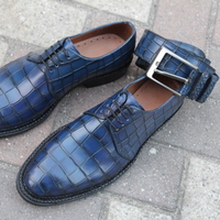 Blue Emboss Crocodile Texture Leather Double Norwegian Hand Sewn Alligator Oxford Dress Shoes - Thumbnail 6