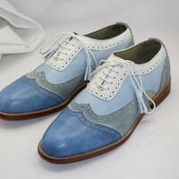 Unique and Classic Tri Color and Suede Leather Contrast Oxford Wingtip Dress Shoes - Thumbnail 1