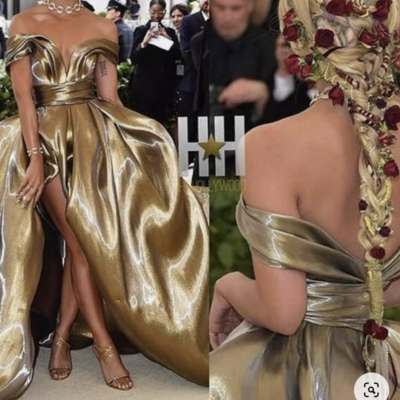 Gold off shoulder prom dresses high slit - Thumbnail 1