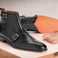 Handmade Side Zipper Double Buckle Style Black Color Genuine Leather Men's Designer Boots  - Thumbnail 1