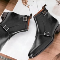 Handmade Side Zipper Double Buckle Style Black Color Genuine Leather Men's Designer Boots  - Thumbnail 2