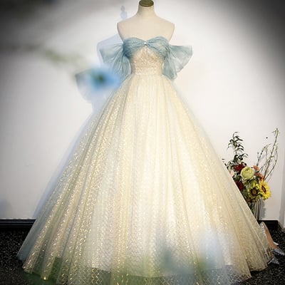 Lovely tulle sequins long prom dress, a-line off shoulder evening dress - Thumbnail 1