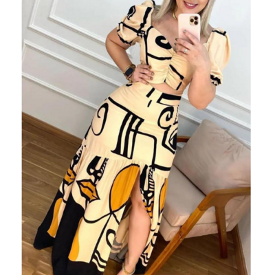 Temperament printed short sleeve two piece set dress
