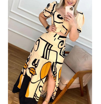 Temperament Printed Short Sleeve Two Piece Set Dress