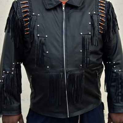 Handmade men black leather with round studded punk jacket  - Thumbnail 4