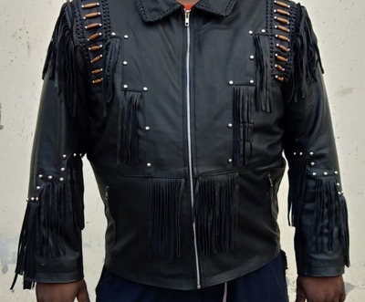 Handmade Men Black Leather With Round Studded Punk Jacket 