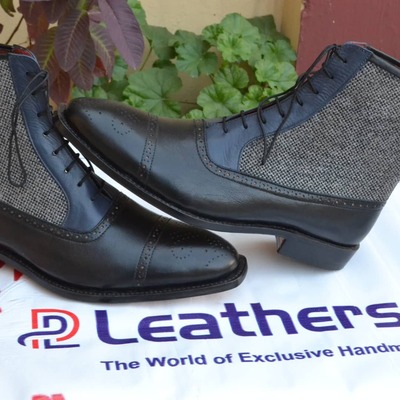 Custom Made Men Ankle High Black and Tweed Contrast Lace up Dress Boot