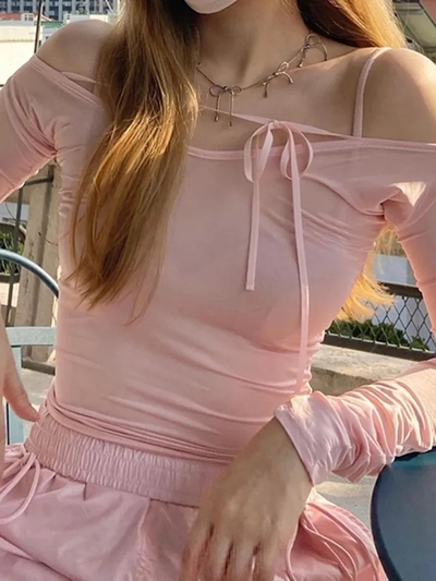 Pink Bow Off Shoulder Long Sleeve Top