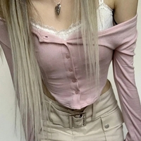 Pink Lace Patchwork Button Crop Top - Thumbnail 1