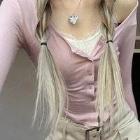 Pink Lace Patchwork Button Crop Top - Thumbnail 2