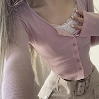 Pink Lace Patchwork Button Crop Top - Thumbnail 3