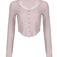 Pink Lace Patchwork Button Crop Top - Thumbnail 5