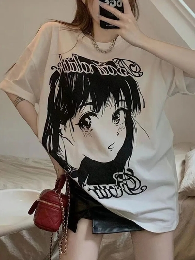 Anime Girl Print Oversized Short Sleeve T-shirt 