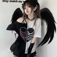 Black & White Heart Rib Skull Short Sleeve T-shirt  - Thumbnail 2