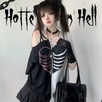 Black & White Heart Rib Skull Short Sleeve T-shirt  - Thumbnail 3